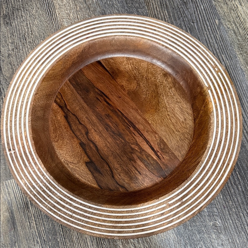 Kirklands Brown and White Striped Wooden Bowl